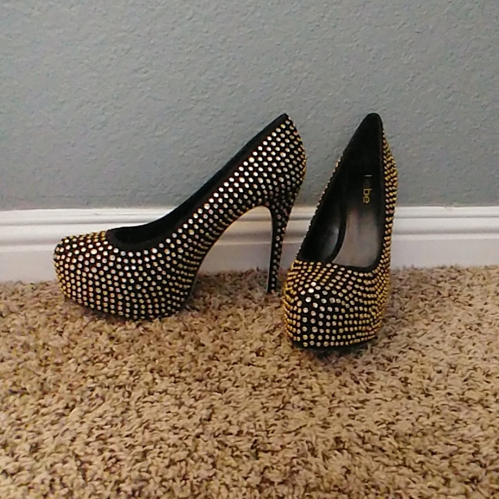 Bebe Stilettos Black Crystal Gold Sz 10